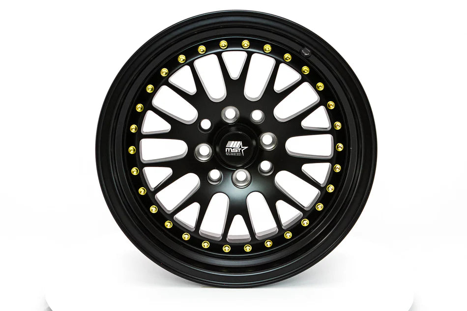 MST Wheels MT10 15X8 25mm 4X100/4X114.3 73.1 M-BLK w/GOLD RVTS