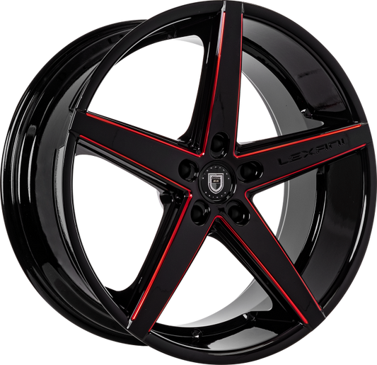 Lexani R-4 20X10 5X115 15MM 74.1 Gloss Black Red Milled