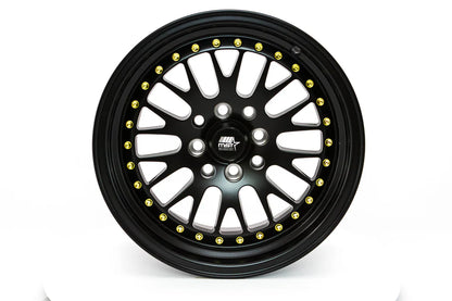 MST Wheels MT10 15X8 25mm 4X100/4X114.3 73.1 M-BLK w/GOLD RVTS